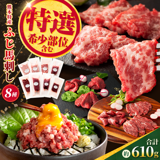 [熊本特産]特選馬刺し8種セット(ふじ馬刺しメン・大トロ・中トロ・ヒレ・ロース・ランプ・上赤身・ネギトロ) 計約610g[亀井通産株式会社][AYBQ099]