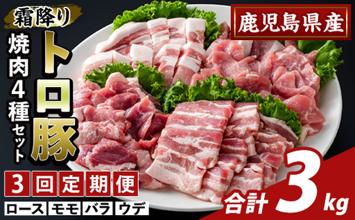 K-379-D [3回定期便]鹿児島県産霜降りトロ豚 焼肉用バラエティセット(計3kg)[ふるさと産直バザール]霧島市 ロース バラ ウデ モモ 焼き肉 ヤキニク 豚肉 国産 鹿児島県産 肉 精肉 小分け セット 食べ比べ 定期便
