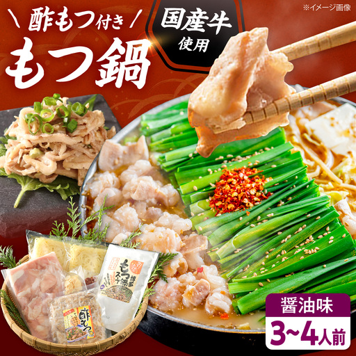[国産牛使用]肉屋が作ったこだわりのもつ鍋 醤油味 3-4人前 酢もつ付 [BGAD085]