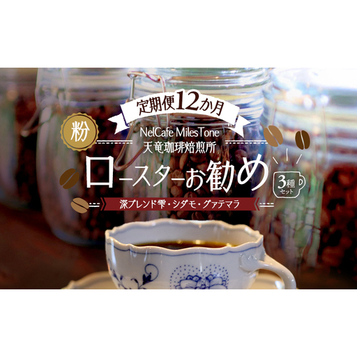 【定期便12か月】ロースターお勧め3種セット（深ブレンド雫・シダモ・グァテマラ） ペーパードリップ用粉 コーヒー粉 珈琲粉 コーヒー 静岡 浜松市