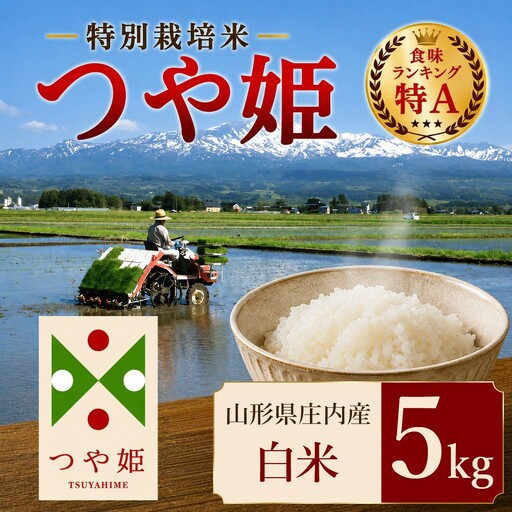 【令和7年産】 特別栽培米 つや姫 精米 5kg (5kg×1袋)　山形県 庄内産 　| つやひめ 5キロ 米 お米 コメ 白米 食品 ご飯 ごはん 美味しい おいしい ブランド米 エコ包装 おすすめ 人気 山形県 鶴岡市 東北 国産 お取り寄せ SDGs未来都市鶴岡 返礼品