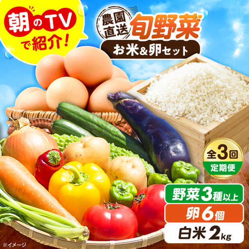 [全3回定期便][2026年10月以降発送]旬のお野菜3種類以上&お米2kg&平飼い卵セット 詰合せ 詰め合わせ 新鮮 産地直送 おまかせ やさい 野菜セット 大阪府高槻市/ベジ彩ファーム[AOEJ016]