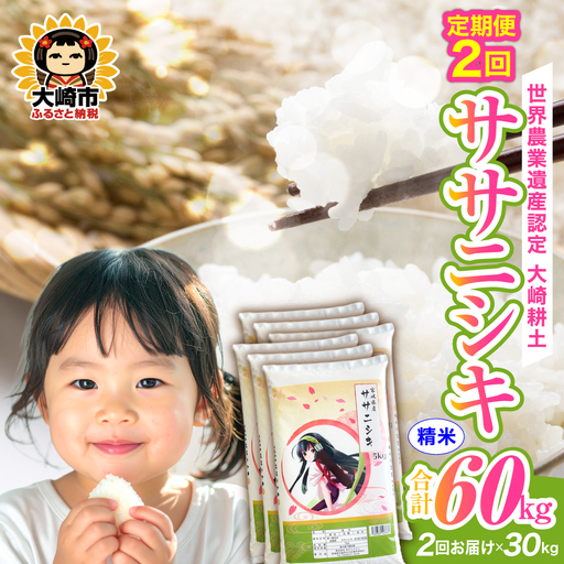 定期便《精米》令和7年 宮城県産 ササニシキ  30kg(5kg×6袋)×2回（計60kg） | ot005-sn-30kg-r704-t2