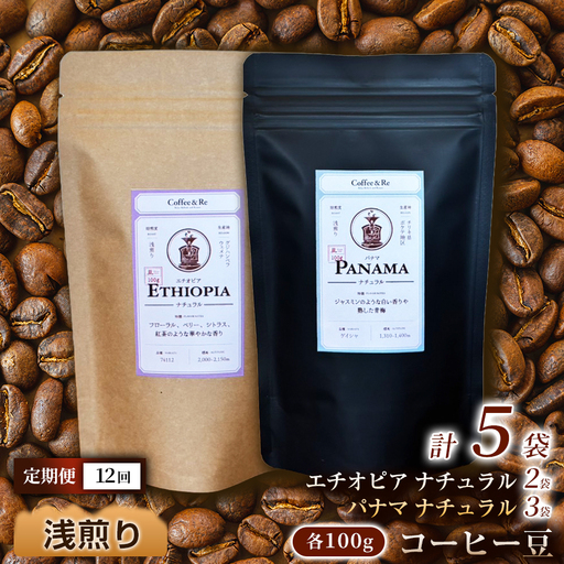 【定期便】【違いを楽しむ 浅煎りコーヒー豆2種セット】(計100g×5袋)×1セット×全12回 コーヒー豆（浅煎り）エチオピア産 ナチュラル製法 コーヒー豆 コーヒー 焙煎 浅煎り 飲みやすい ご褒美 来客用 お取り寄せ ギフト 敬老の日 贈答 贈り物