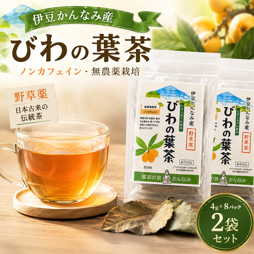びわの葉茶 2袋(1袋 4g×8パック)_ びわ茶 ビワ 枇杷 お茶 健康 国産 葉 ティーパック ノンカフェイン カフェインレス 無農薬 無農薬栽培 無添加 自然 すっきり ホット アイス お湯出し 健康 お取り寄せ ギフト 贈答 プレゼント 静岡 函南 伊豆 ご当地 特産品 _[KN-017-001]
