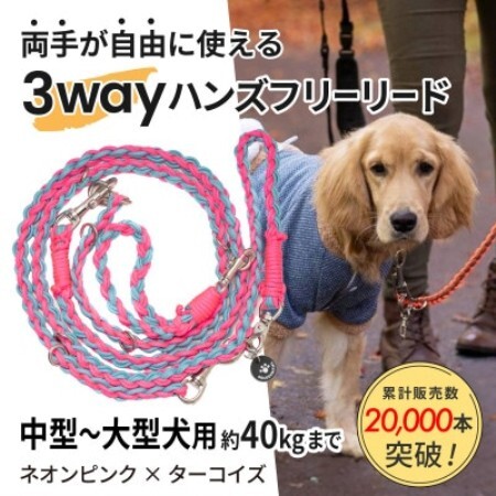 【犬用】3WAYハンズフリーリード(中型～大型犬用)ネオンピンク×ターコイズ【ゴールデンママ】【配送不可地域：離島・沖縄県】【1743317】