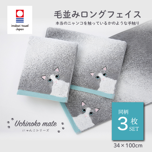 （今治タオル）Uchinoko mate にゃんこシリーズ 毛並みロングフェイスタオル３枚セット（ハチワレ／ブルー）