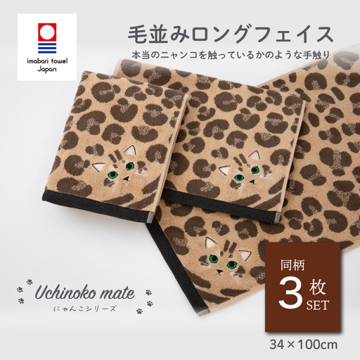 （今治タオル）Uchinoko mate にゃんこシリーズ 毛並みロングフェイスタオル３枚セット（ロゼット／ブラウン）
