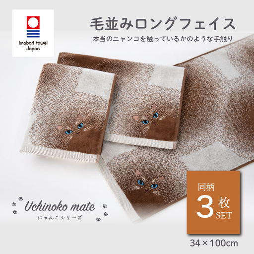 (今治タオル)Uchinoko mate にゃんこシリーズ 毛並みロングフェイスタオル3枚セット(ポインテッド/シャム)