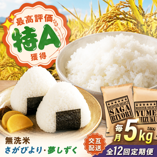 【12回定期便】 無洗米 毎月5kg さがびより・夢しずく交互お届け 無洗米定期便 [UFE022]