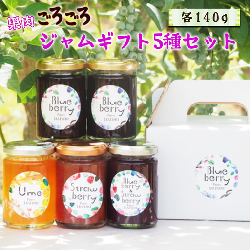 果肉ごろごろ！ジャムギフト5種セット ／ ジャム 食べ比べ フルーツジャム 果肉ごろごろ 果肉たっぷり ギフトセット 朝食 パンのお供 ヨーグルト トースト お取り寄せ 手作りジャム ブルーベリージャム いちごジャム 梨ジャム 梅ジャム ミックスジャム 保存料不使用 着色料不使用 贈答用 千葉県 No.096