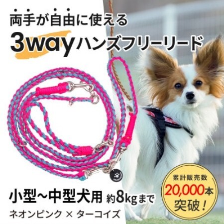 [犬用]3WAYハンズフリーリード(小型〜中型犬用)ネオンピンク×ターコイズ[ゴールデンママ][配送不可地域:離島・沖縄県]