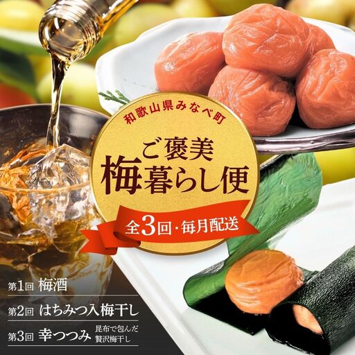 【定期便全3回】 梅酒 梅干し はちみつ梅 昆布包み梅 和歌山県みなべ町産 【umicbn-tkb002】