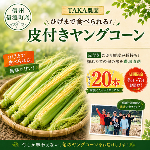 【先行予約】皮付きヤングコーン≪20本≫令和9年6月・7月限定出荷 黒姫高原 とうもろこし 恵味／TAKA農園【長野県信濃町】