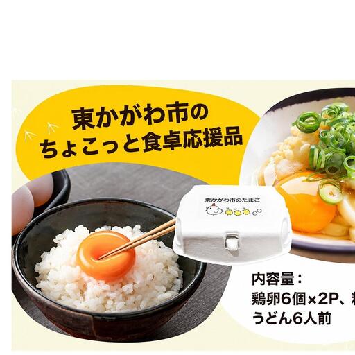 東かがわ市のちょこっと食卓応援品「鶏卵Mサイズ（6個×2P）虹のきらめき（精米2kg）うどん6人前」 たまご 卵 鶏卵 米 精米 うどん セット