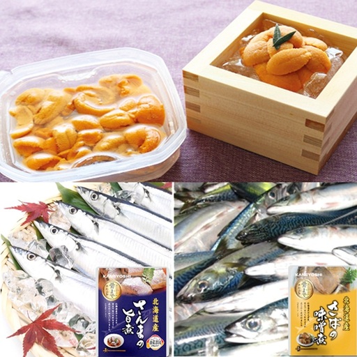 エゾバフンウニ塩水パック約60g～70g×1P・さんま旨煮×1P・さば味噌煮×1P[10月中旬以降発送] A-40021