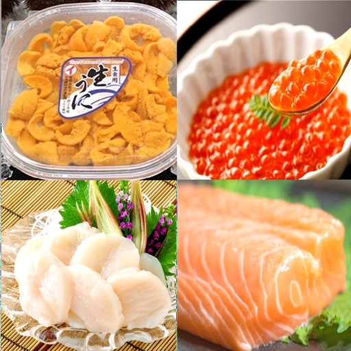 エゾバフンウニ塩水パック100g×1P、いくら醤油漬け(鱒卵)100g×1P、お刺身ホタテ貝柱300g×1P、お刺身サーモン300g〜500g(1〜3本)[11月下旬以降発送]