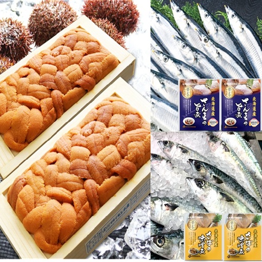 エゾバフンウニ約100g×2折・さんま旨煮×2P・さば味噌煮×2P[10月下旬以降発送] F-71018