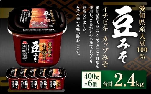 イチビキ カップみそ 愛知県産大豆100％の豆みそ 400g × 6個 計2.4kg みそ 味噌 ミソ 豆みそ 大豆 豆 まめ フクユタカ 天日塩 塩 調味料 だし