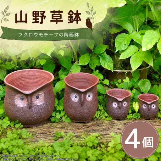 陶器 4セット 山野草鉢 フクロウモチーフ