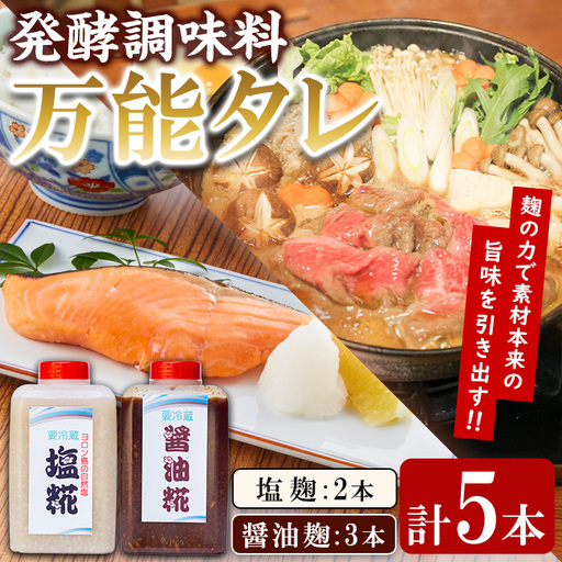 【0111504a】《思いやり型返礼品》コク出し発酵調味料！万能タレ＜塩麹・醤油麹＞(計5本・塩麹360ml×2本/醤油麹360ml×3本)調味料 万能調味料 たれ 麹【ルピナス会】