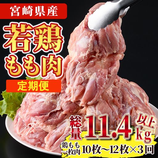 [定期便・全3回]宮崎県産若鶏もも肉(総量11.4kg以上・鶏もも一枚肉250〜350g×10〜12枚×3回) お肉 国産 冷凍 [NK-22][南九フーズ]