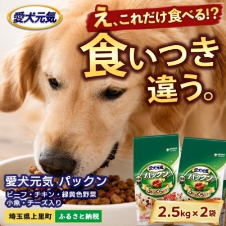 愛犬元気 パックン ビーフ・チキン・緑黄色野菜・小魚・チーズ入り 2.5kg×2袋 ドッグフード【1751698】