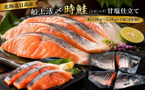 北海道日高産 船上活〆時鮭(ときしらず)甘塩仕立て 約3.0kg〜3.5kg(4分割) [01-1632]