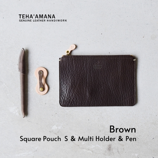 Teha'amana SQUARE POUCH S & MULTI HOLDER & PEN ポーチ&マルチホルダー&ペン ギフトセット ブラウンセット