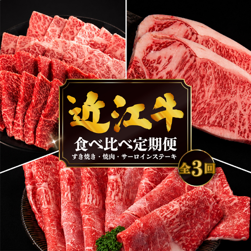 [3ヶ月定期便] 近江牛 食べ比べ すき焼き 焼肉 サーロインステーキ 計1.16kg 全3回