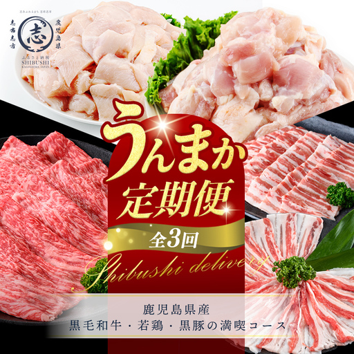 【定期便全3回】鹿児島県産 黒毛和牛・若鶏・黒豚の満喫コース！志布志うんまか定期便 牛肉 赤身 モモ ウデ 豚肉 肉 黒豚 バラ バラ肉 スライス しゃぶしゃぶ 焼肉 鶏肉 とり肉 鳥肉 鶏もも肉 鶏ムネ肉 若鶏 バラエティ セット t0046-005