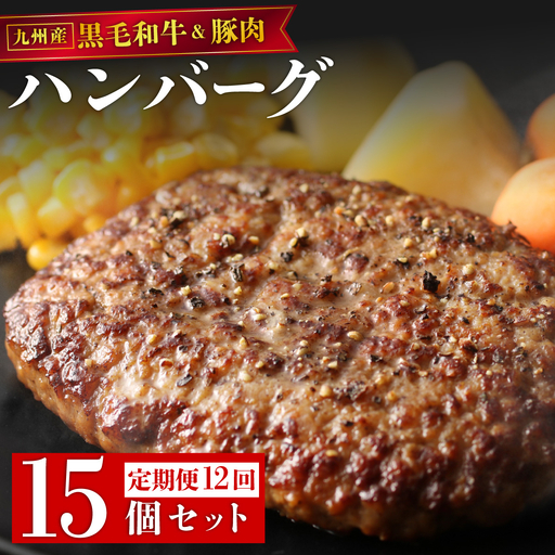 ＜定期便・全12回＞九州産黒毛和牛と九州産豚肉 ハンバーグ 15個セット