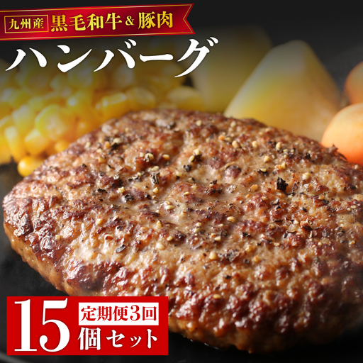 ＜定期便・全3回＞九州産黒毛和牛と九州産豚肉 ハンバーグ 15個セット