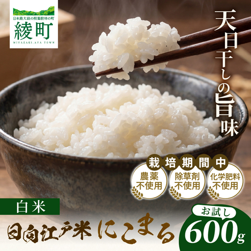天日干し仕上げの日向江戸米(にこまる)お試し パック 計600g[白米]国産米 ブランド米 農薬不使用 化学肥料不使用 無農薬 ごはん ご飯 おにぎり お弁当 使い切りタイプ 和食 主食 人気 おすすめ 宮崎県 綾町 送料無料