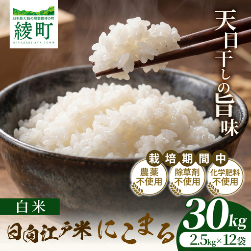 天日干しが引き出す お米の旨味 日向江戸米（にこまる）【白米】計30kg 国産米 ブランド米 農薬不使用 化学肥料不使用 無農薬 ごはん ご飯 おにぎり お弁当 冷めても美味しい もっちり食感 和食 主食 人気 おすすめ 宮崎県 綾町 送料無料_A0038-024