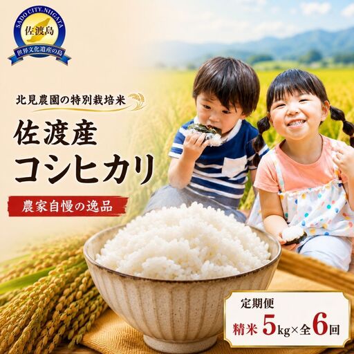 【先行予約・限定】令和8年産　特別栽培米　佐渡産コシヒカリ　農家直送　朱鷺も棲む　北見農園自慢の逸品　定期便（精米5kg×6回コース）