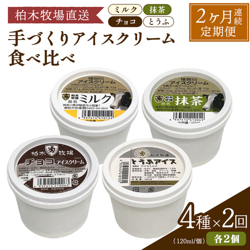 [定期便／2ヶ月連続] 柏木牧場 手づくりアイスクリーム食べ比べ 計16個 (4種 各2個セット×2回・120ml／個) [1250]