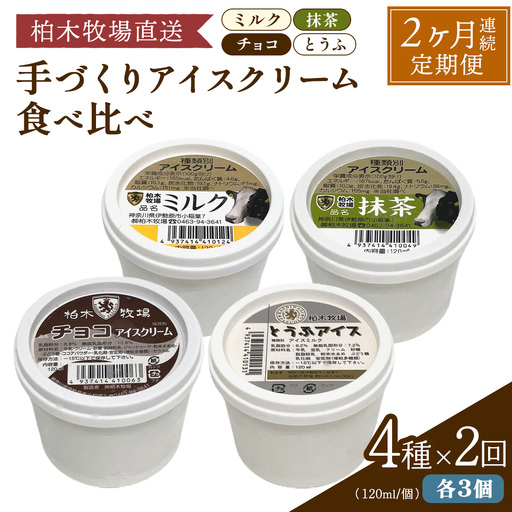 [定期便／2ヶ月連続] 柏木牧場 手づくりアイスクリーム食べ比べ 計24個 (4種 各3個セット×2回・120ml／個) [1251]