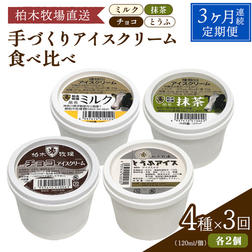 [定期便／3ヶ月連続] 柏木牧場 手づくりアイスクリーム食べ比べ 計24個 (4種 各2個セット×3回・120ml／個) [1253]