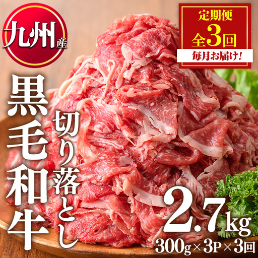No.1376-A [定期便・全3回]九州産 黒毛和牛切り落とし(総計2.7kg・300g×3P×3回) 牛肉 切落し 切り落し 和牛 冷凍 九州産 国産 小分け 国産牛 お肉 牛丼 野菜炒め カレー 定期便 冷凍 寄附額改定 小分け [LRプラスK]
