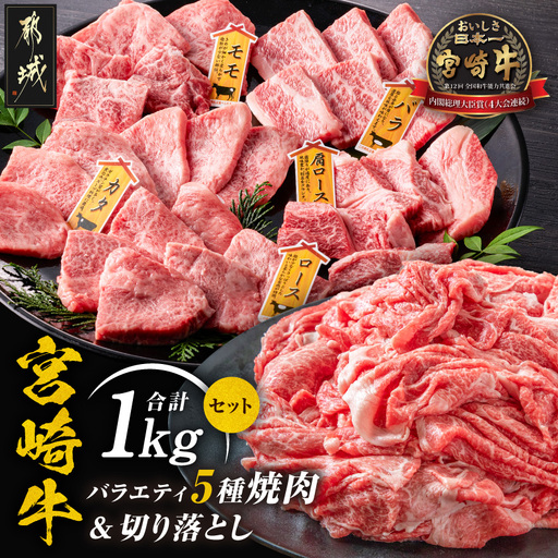 宮崎牛バラエティ焼肉&切り落とし1kgセット〔18-89-011〕_(都城市)