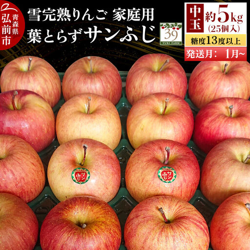 【27年1月～発送】りんご 葉とらず サンふじ【家庭用】約5kg（25個入）中玉 糖度13度以上 雪完熟【数量限定】家庭用 自然 青森県 弘前市 果物 フルーツ 林檎 不揃い 規格外