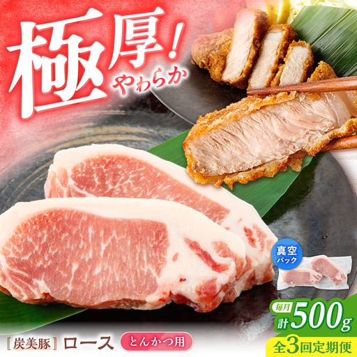 【3回定期便】西海市産 「炭美豚」 とんかつ用ロース500g（250g×2パック）＜宮本畜産＞ 豚肉 とんかつ用 豚 便利 ロース 冷凍 国産 料理 使いやすい 甘い ブランド豚 ポーク 長崎 西海[CFA062]