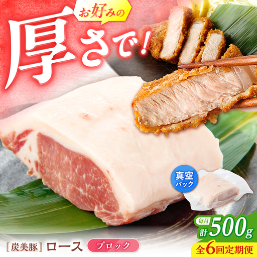 【6回定期便】西海市産 「炭美豚」 豚ロースブロック500g （500g×1パック）＜宮本畜産＞ 豚肉 とんかつ用 豚 便利 ロース 冷凍 国産 料理 使いやすい 甘い 塊 ブランド豚 ポーク 長崎 西海[CFA075]