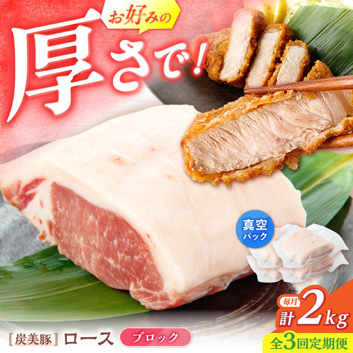 【3回定期便】西海市産 「炭美豚」 豚ロースブロック2kg （500g×4パック）＜宮本畜産＞ 豚肉 とんかつ用 豚 便利 ロース 冷凍 国産 料理 使いやすい 甘い 塊 ブランド豚 ポーク 長崎 西海[CFA082]