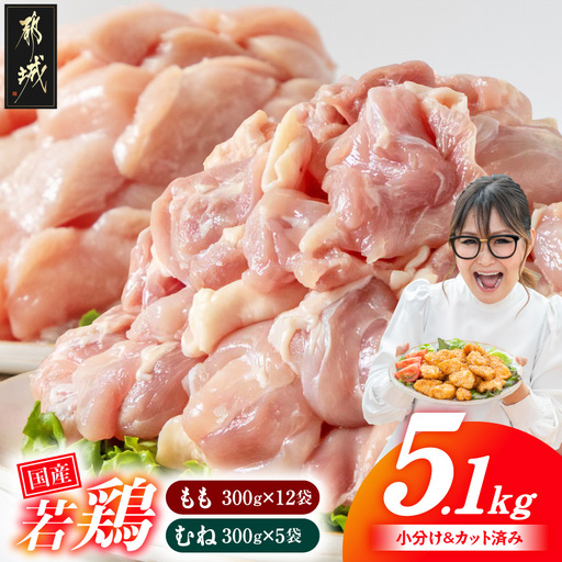 国産若鶏5.1kgセット 小分けパック!カット済み!(もも300g×12P・むね300g×5P)〔18-33-007-M5100g〕_(都城市)