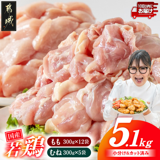 国産若鶏5.1kgセット 小分けパック!カット済み!(もも300g×12P・むね300g×5P)≪みやこんじょ特急便≫〔18-33-007-M5100g-Q〕_(都城市)
