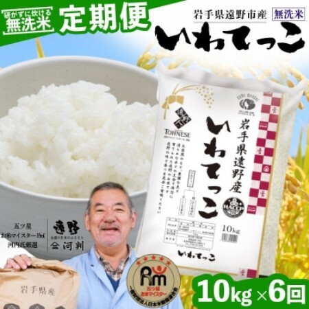 【毎月定期便】〈無洗米〉岩手県 遠野市産 いわてっこ 10kg 【 コメマルシェ 河判 】全6回【4089962】