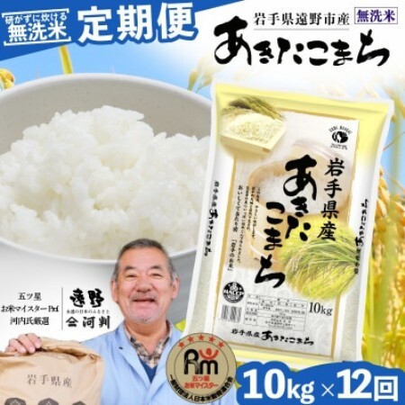 【毎月定期便】〈無洗米〉岩手県 遠野市産 あきたこまち 10kg 【 河判 】全12回【4089981】