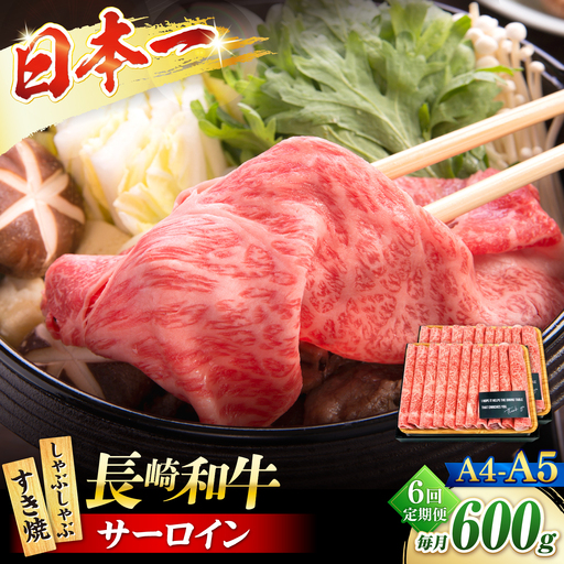 【6回定期便】【厳選部位】 【A4?A5】長崎和牛サーロインしゃぶしゃぶすき焼き用　600g（300g×2p）＜株式会社MEAT PLUS＞[CFT056]